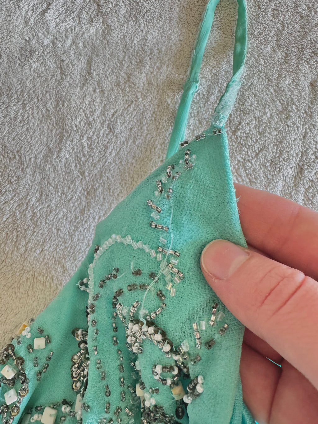 vintage 90’s turquoise blue silk heavily beaded handmade fishtail maxi dress mermaid core