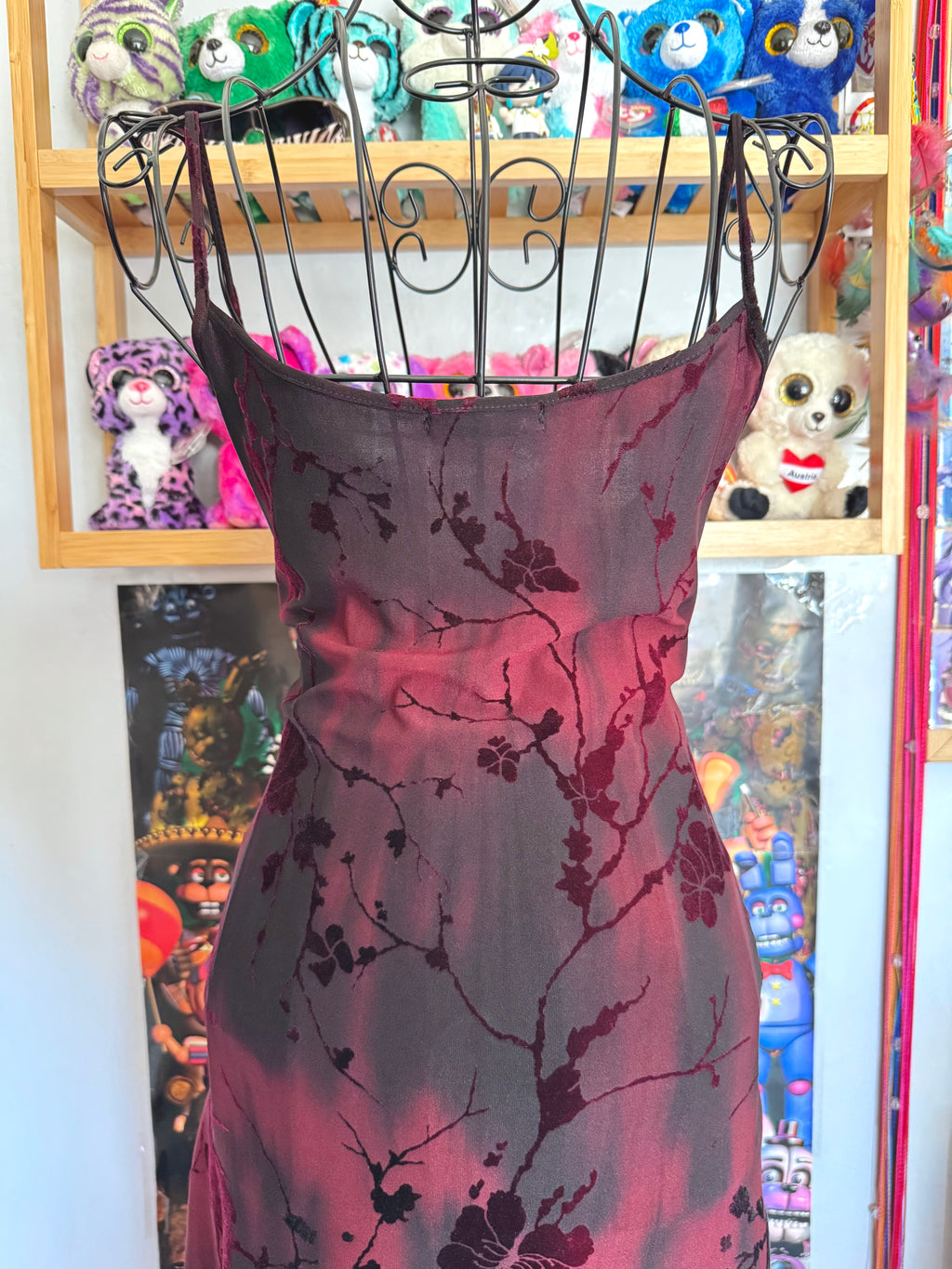 y2k vintage red and black velvet floral midi dress