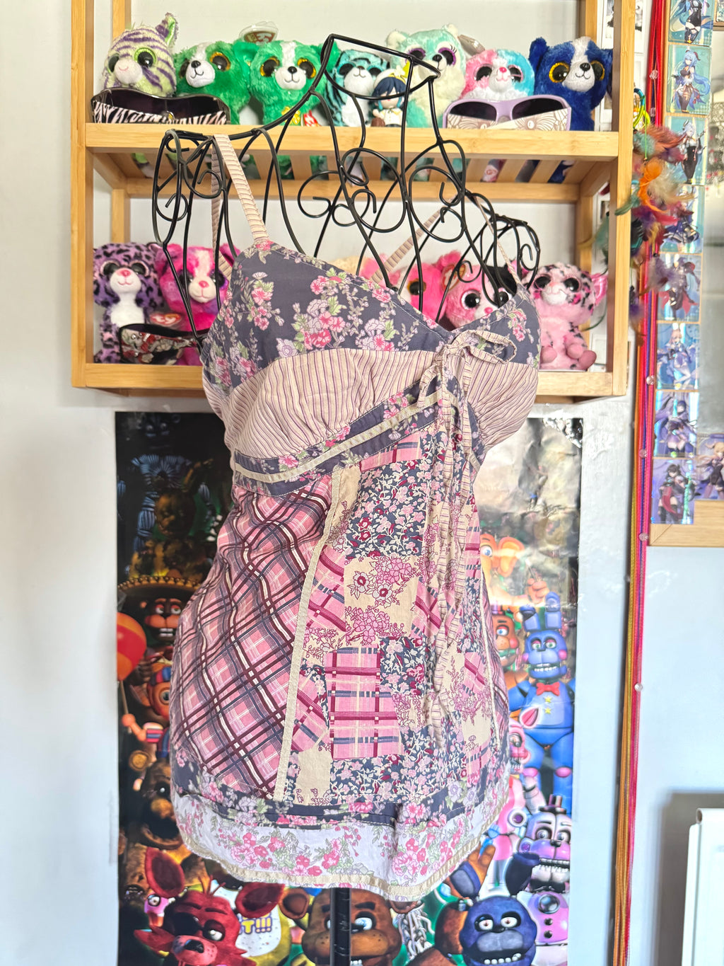 y2k vintage patchwork style criss-cross strap mixed print fitted cami top