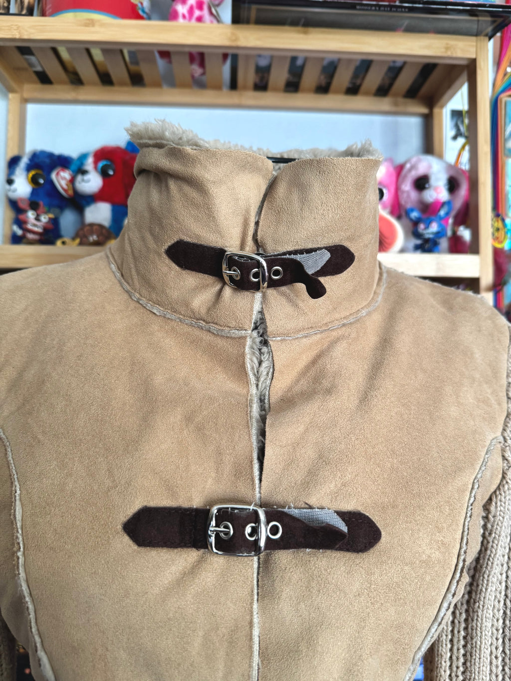 y2k vintage buckle up fitted and cropped jacket with chunky ribbed knit sleeves western boho
