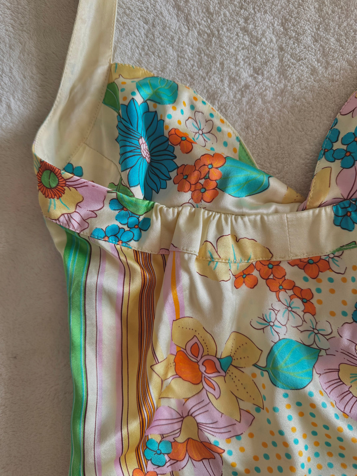 y2k vintage fitted silk floral ruched halterneck cami top