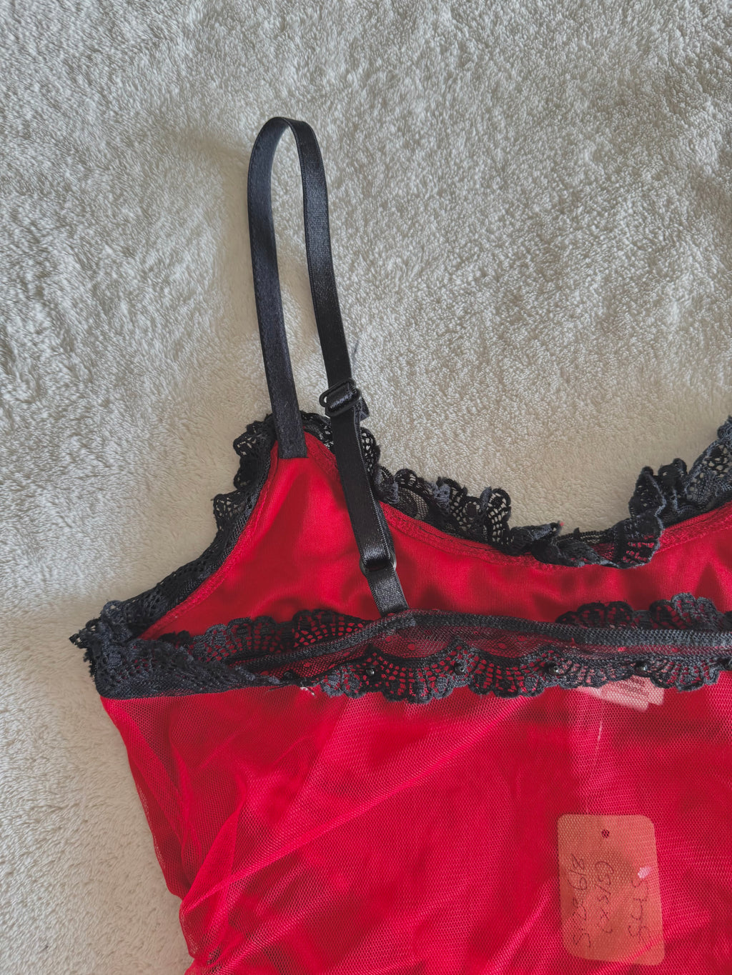 y2k vintage red fitted mesh cami top with black dangle beading and sequin embroidery