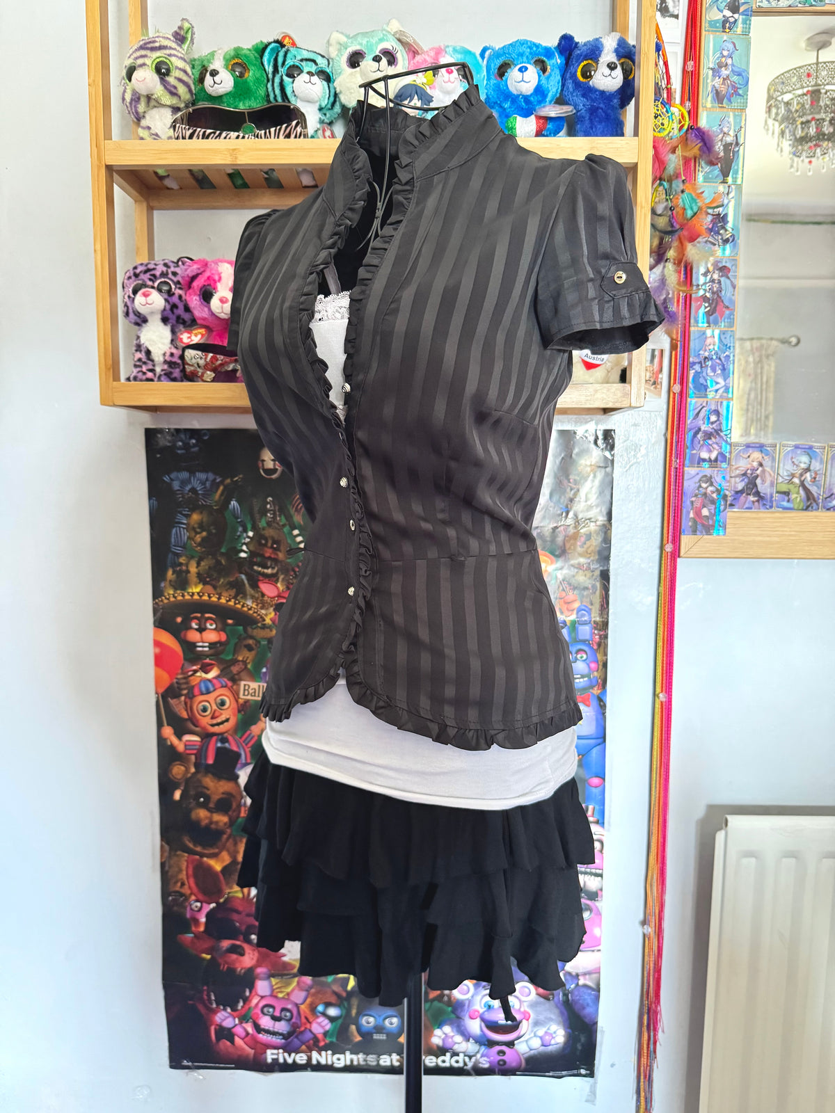 y2k vintage pinstripe fitted button up cap sleeve blouse officecore office siren