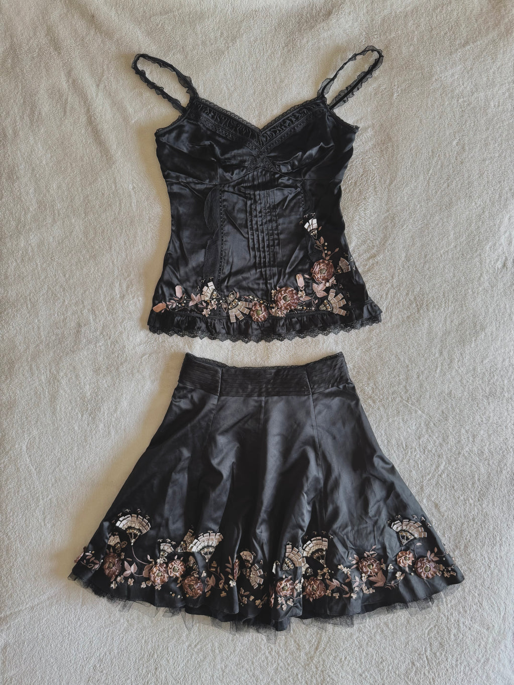 y2k vintage silk co-ord cami top and mini skirt with 3D blossoms embellished