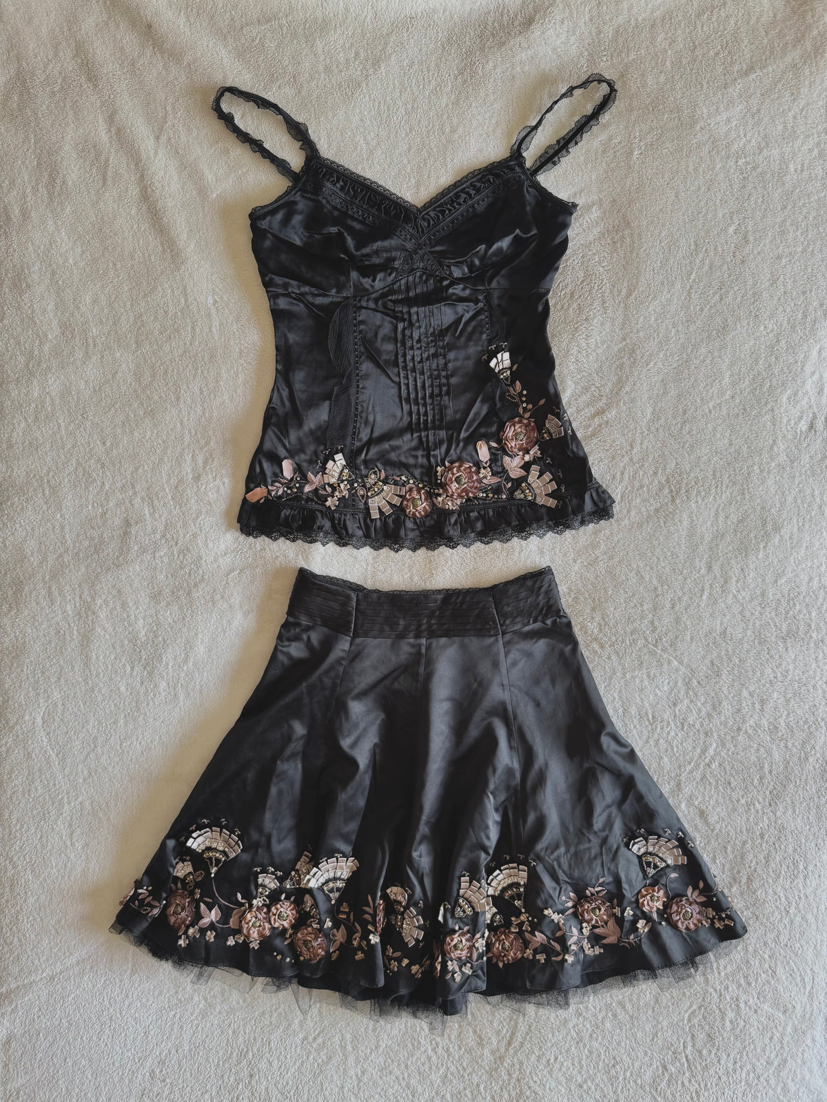 y2k vintage silk co-ord cami top and mini skirt with 3D blossoms embellished