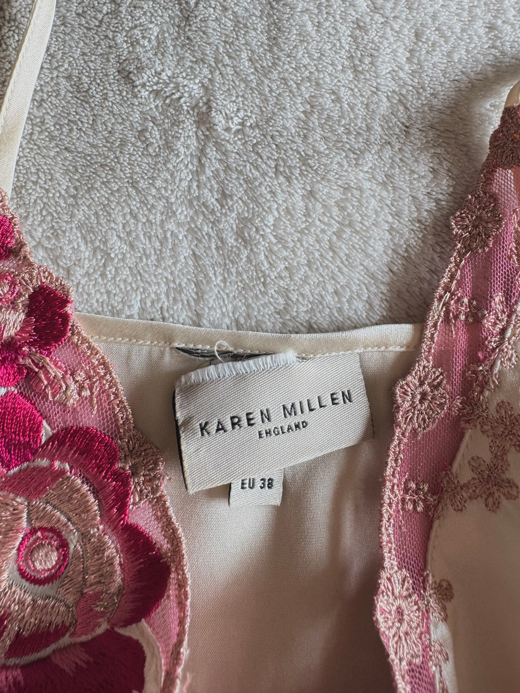 y2k vintage silk ivory white fitted cami top with pink floral embroidery