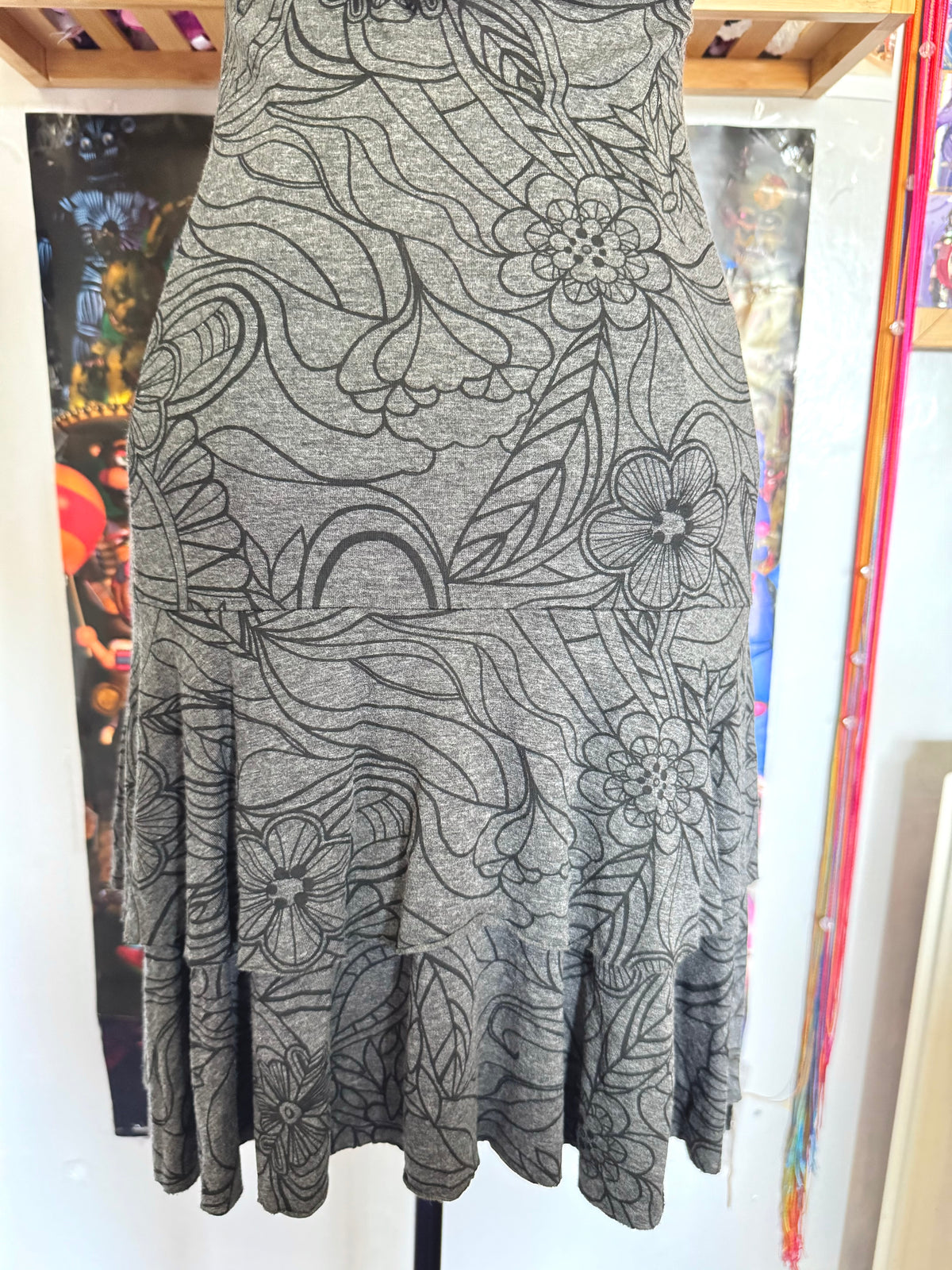 y2k vintage milkmaid floral print grey ruffle tiered mini dress