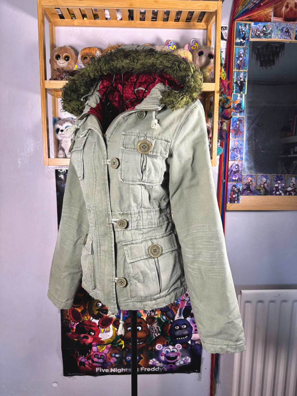 y2k vintage sage green fitted button up parka jacket with faux fur trim hood and cinch waist