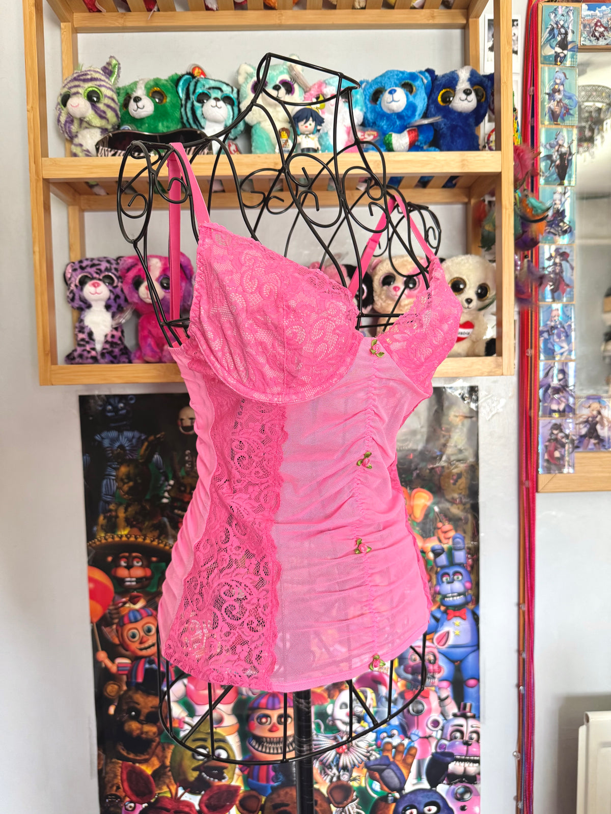 y2k vintage hot pink sheer mesh lace corset cami top