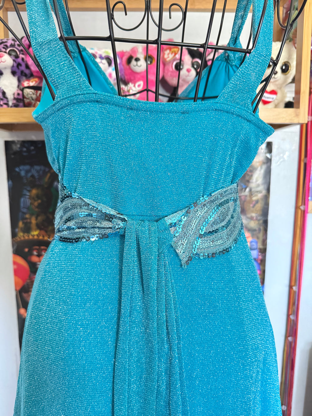 y2k vintage aqua blue shimmery tie back sequin mesh mini dress
