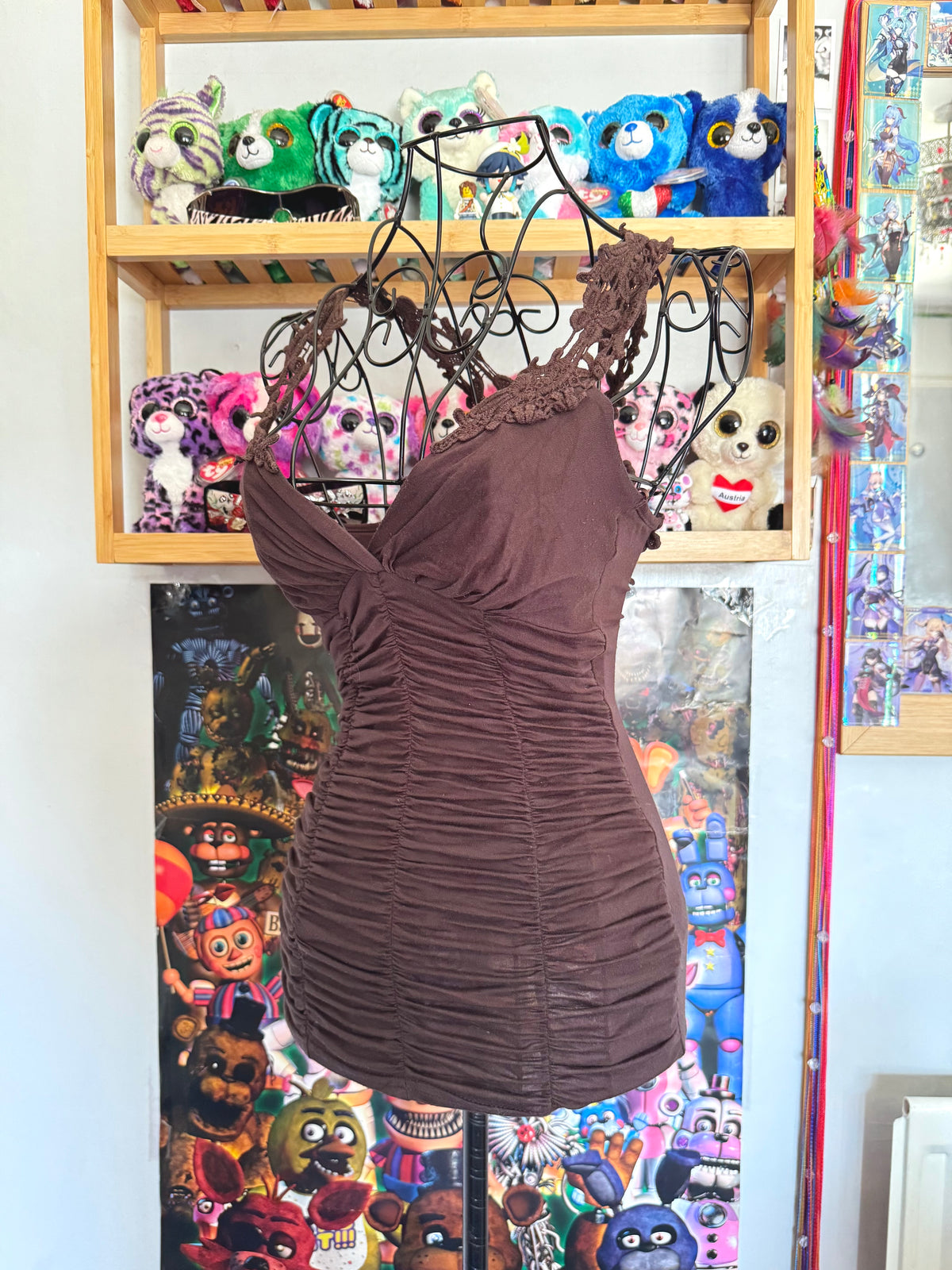 y2k vintage chocolate brown ruched fitted lace back cami top