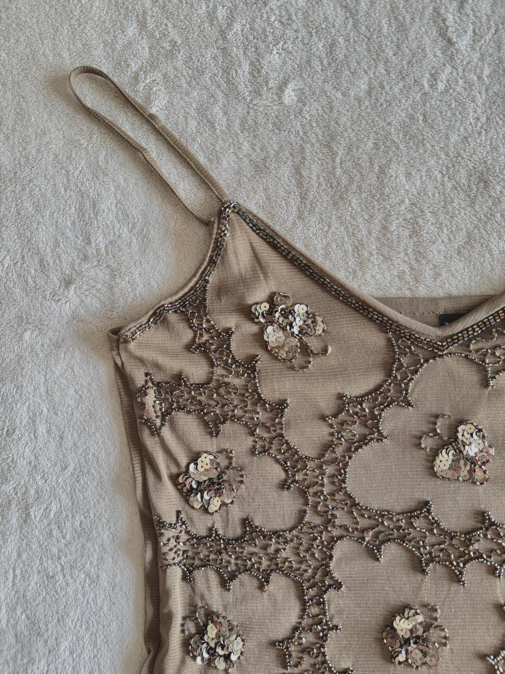 y2k vintage khaki brown sheer mesh butterfly sequinned cami top with jagged asymmetrical hem fairy
