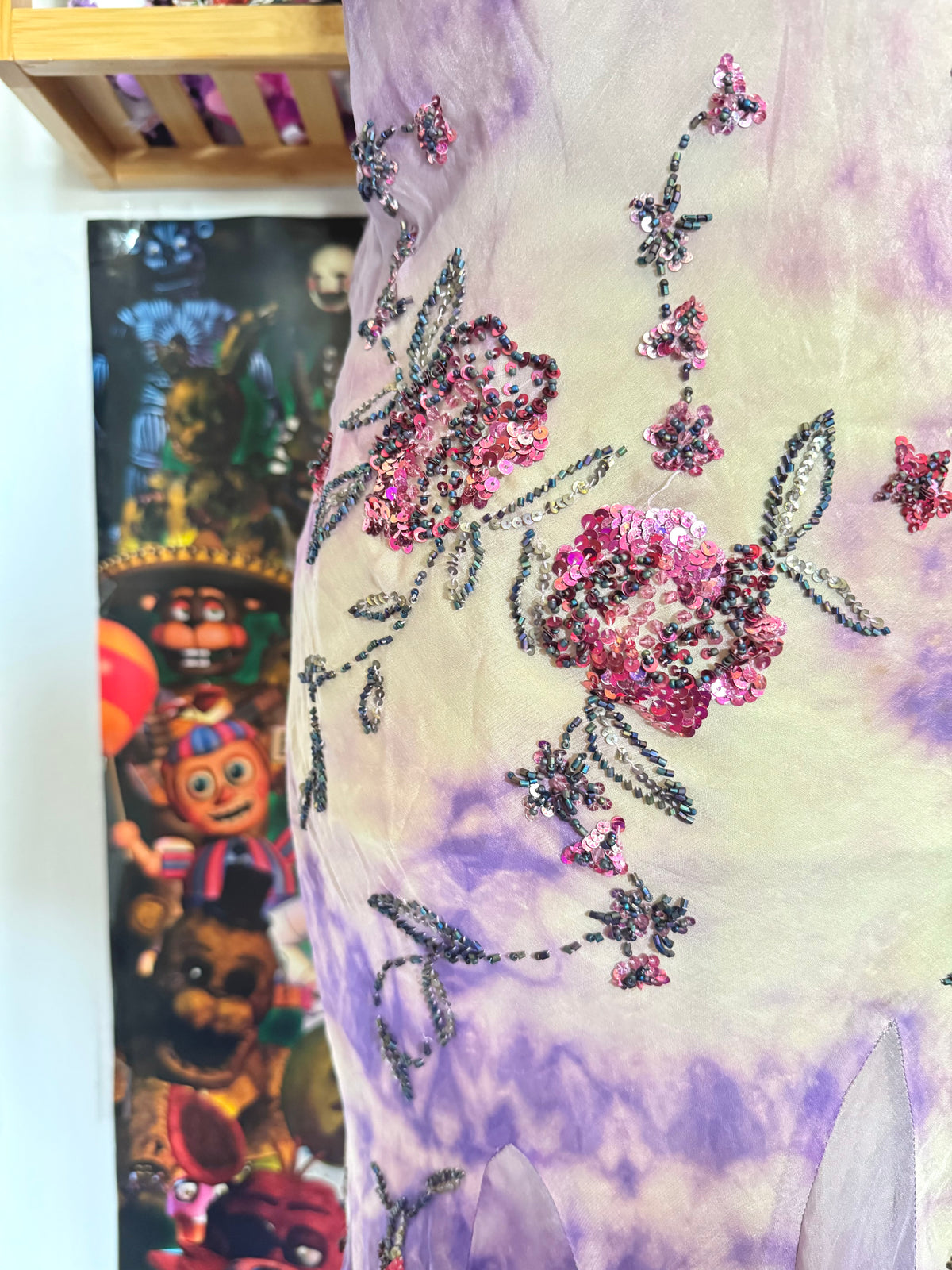 y2k vintage violet purple whimsical silk floral beaded hanky hem cowl neck maxi dress fairy