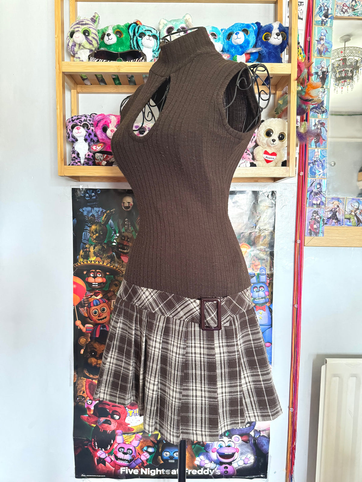 y2k vintage chocolate brown sleeveless fitted pleated mini dress with plaid and chest cut out