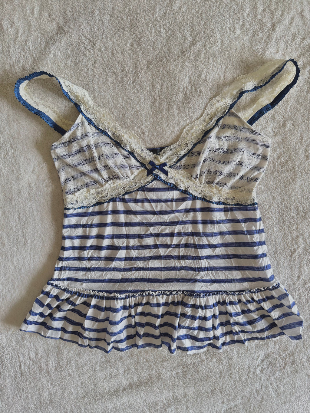 y2k vintage sailor vibes striped blue and white ruffle bottom cami top with lace trimmings