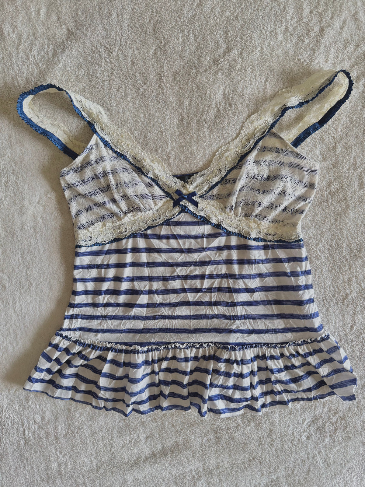 y2k vintage sailor vibes striped blue and white ruffle bottom cami top with lace trimmings