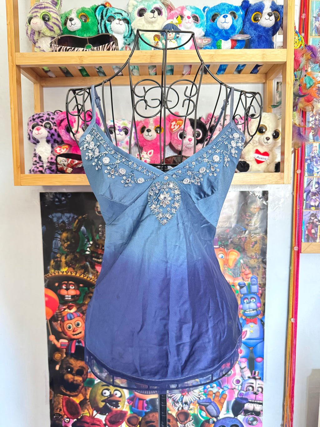 y2k vintage blue ombre effect fitted cami top with jewel embellishments ocean mermaid