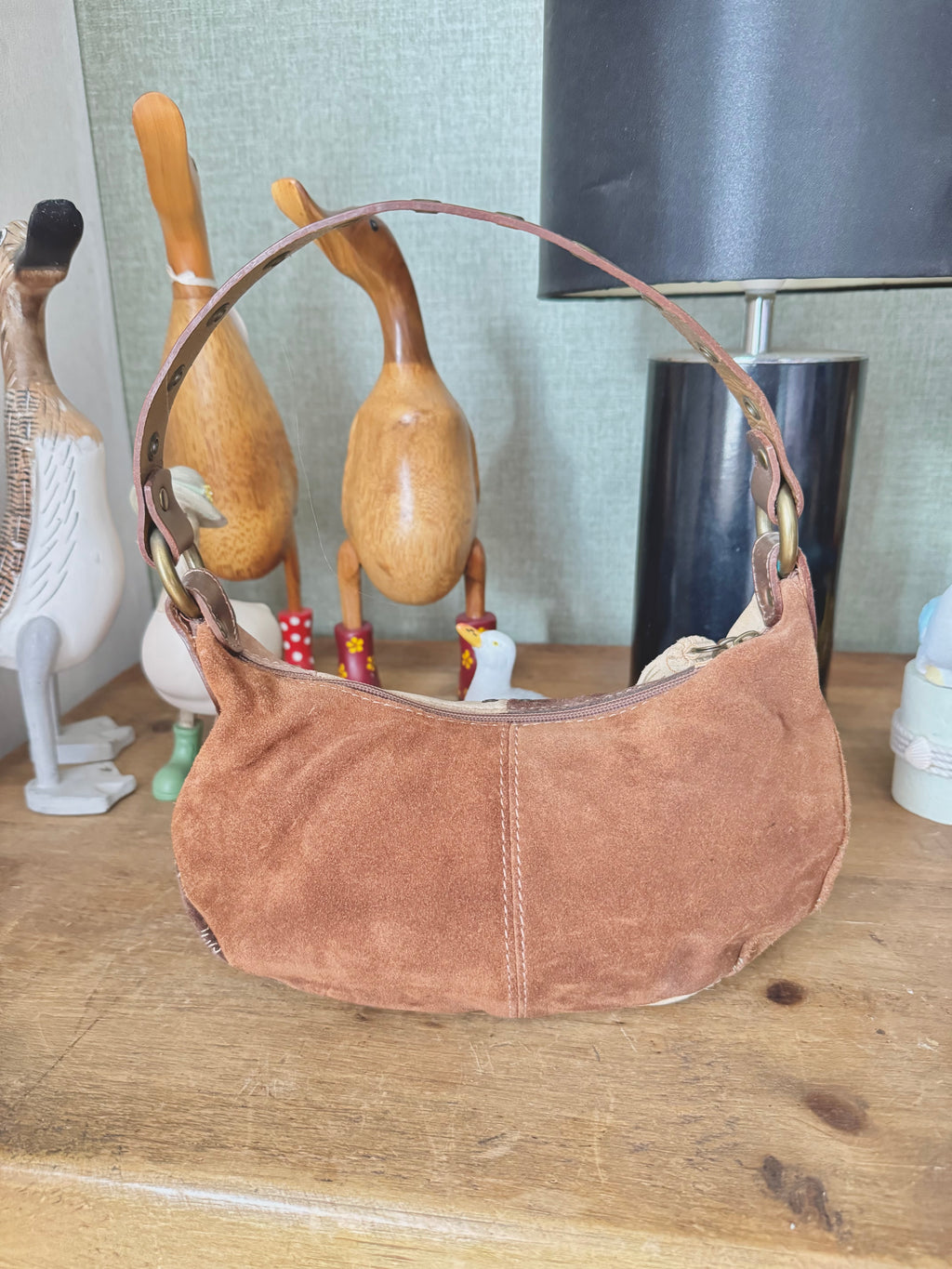 y2k vintage real suede patchwork boho mini bag