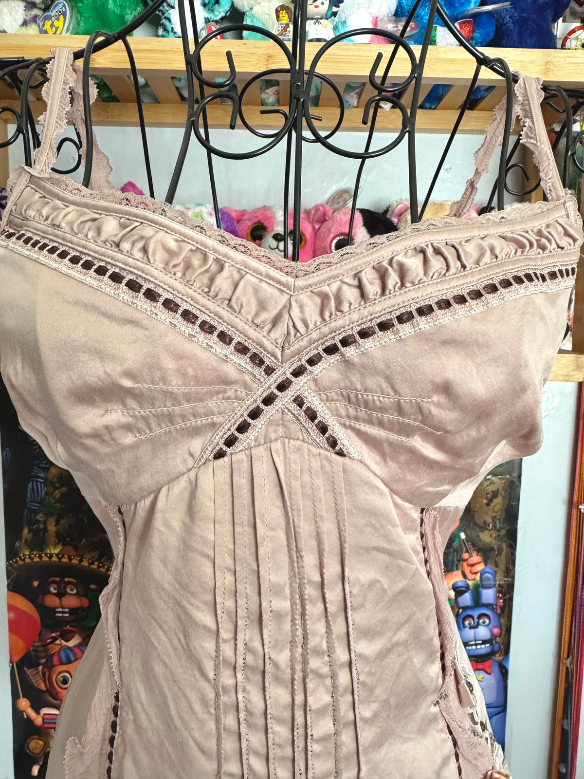 y2k vintage dusky pink silk cami top with 3D flowers embellished
