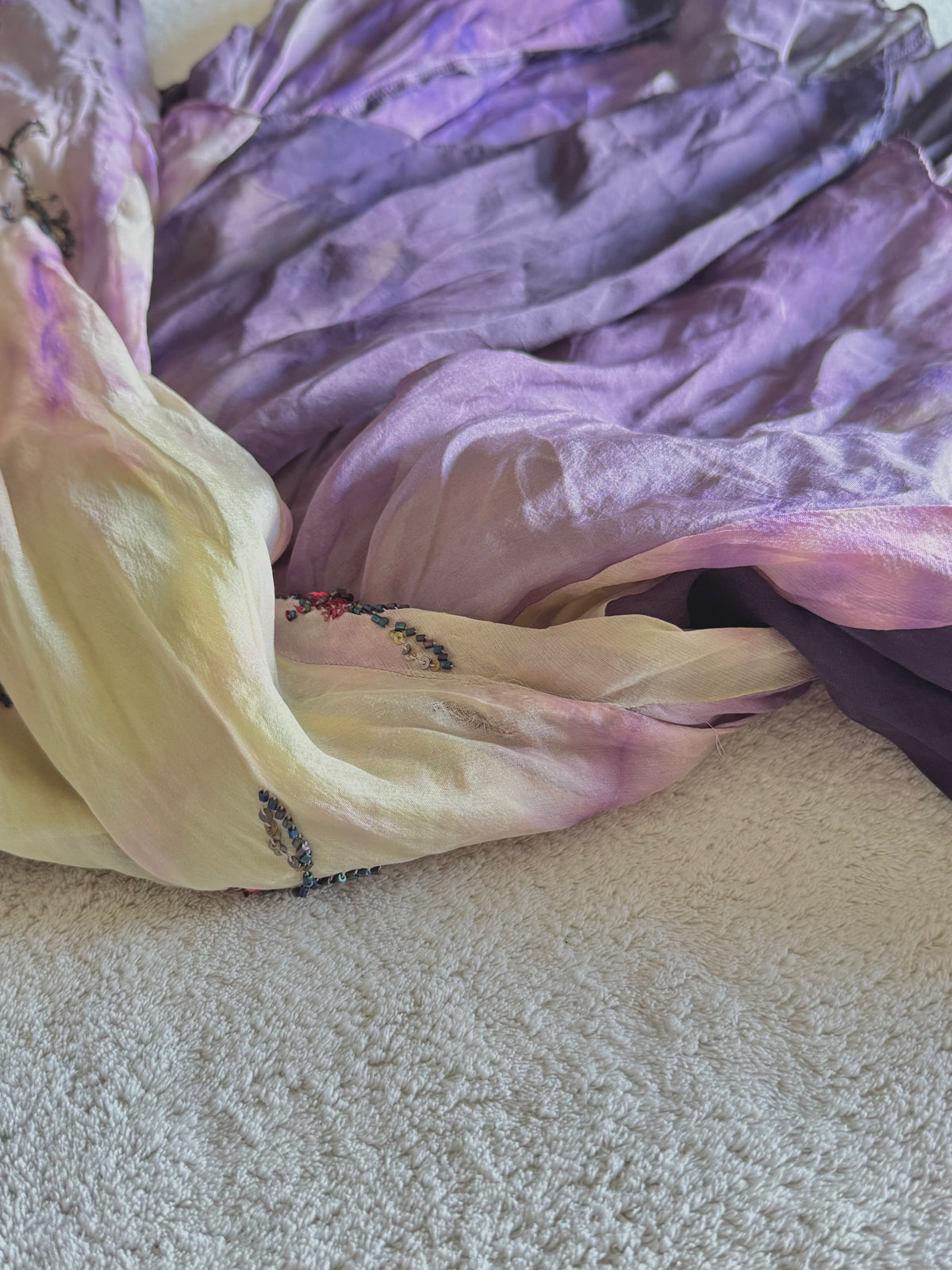 y2k vintage violet purple whimsical silk floral beaded hanky hem cowl neck maxi dress fairy