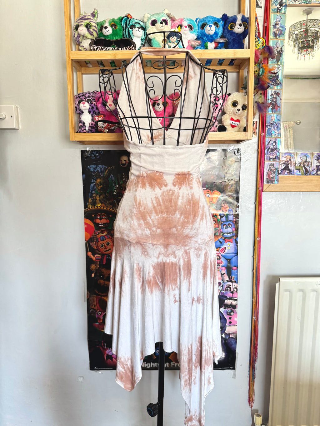 y2k vintage tie dye fitted halter midi dress with asymmetrical fairy hem