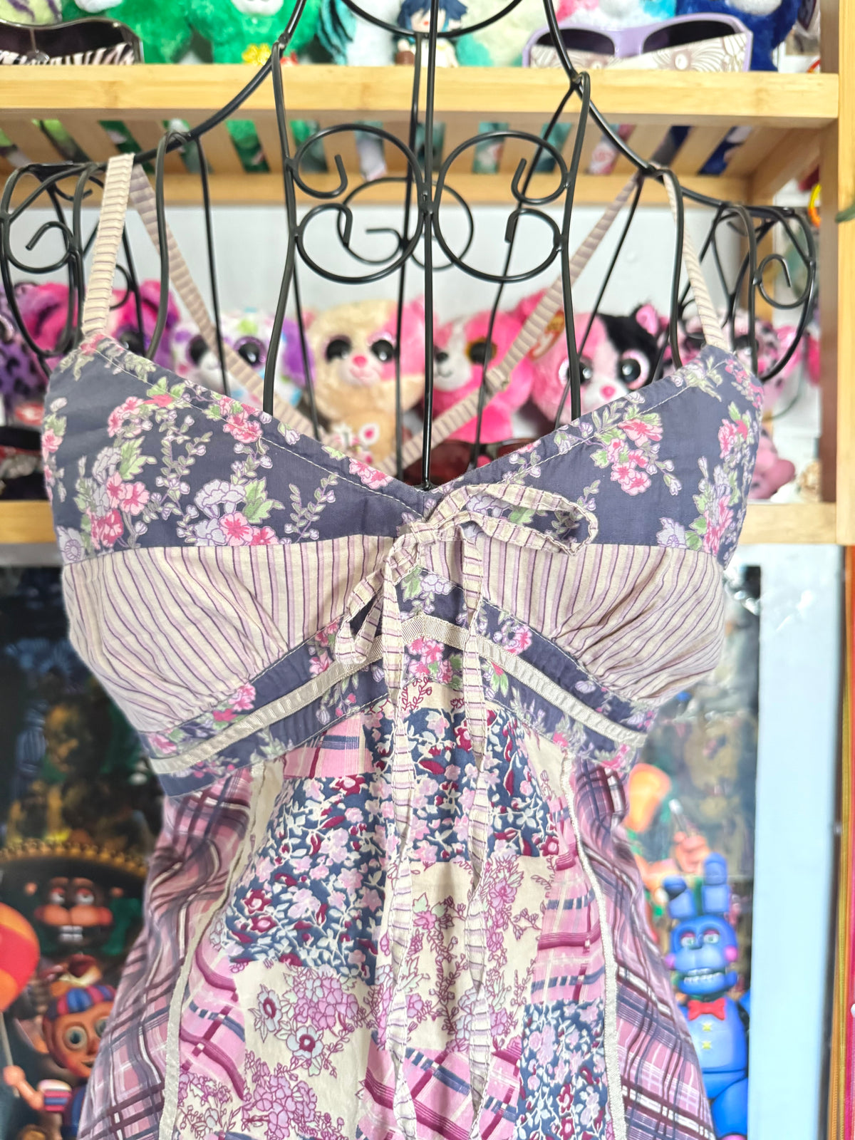 y2k vintage patchwork style criss-cross strap mixed print fitted cami top