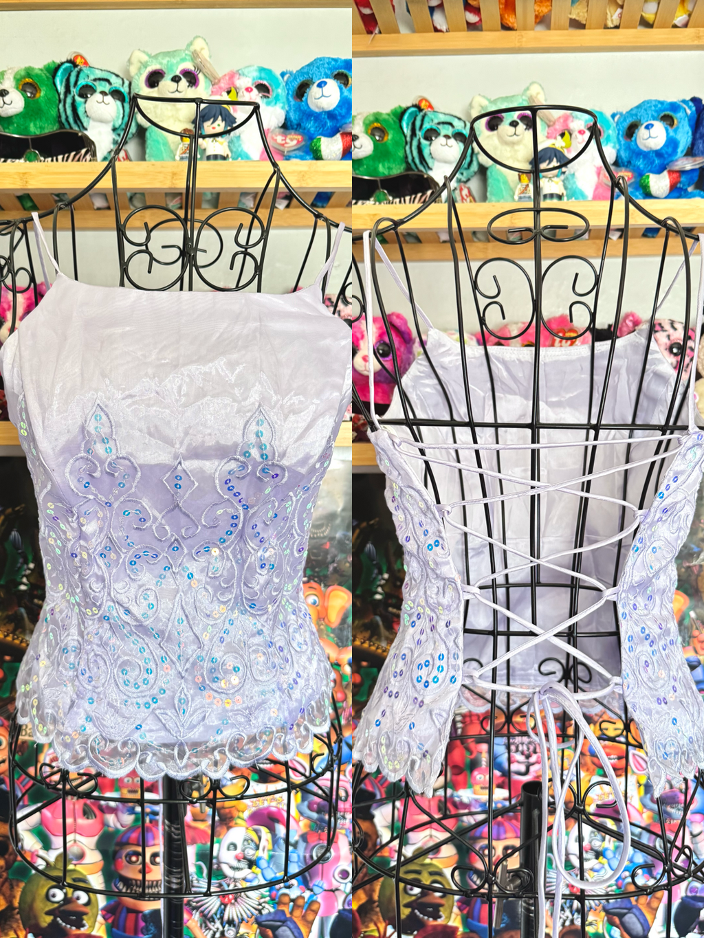 y2k vintage lilac purple lace back cropped and fitted corset top with sequins embellished