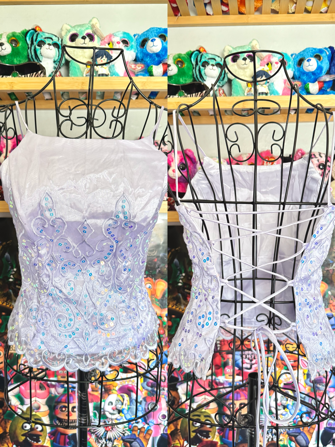 y2k vintage lilac purple lace back cropped and fitted corset top with sequins embellished