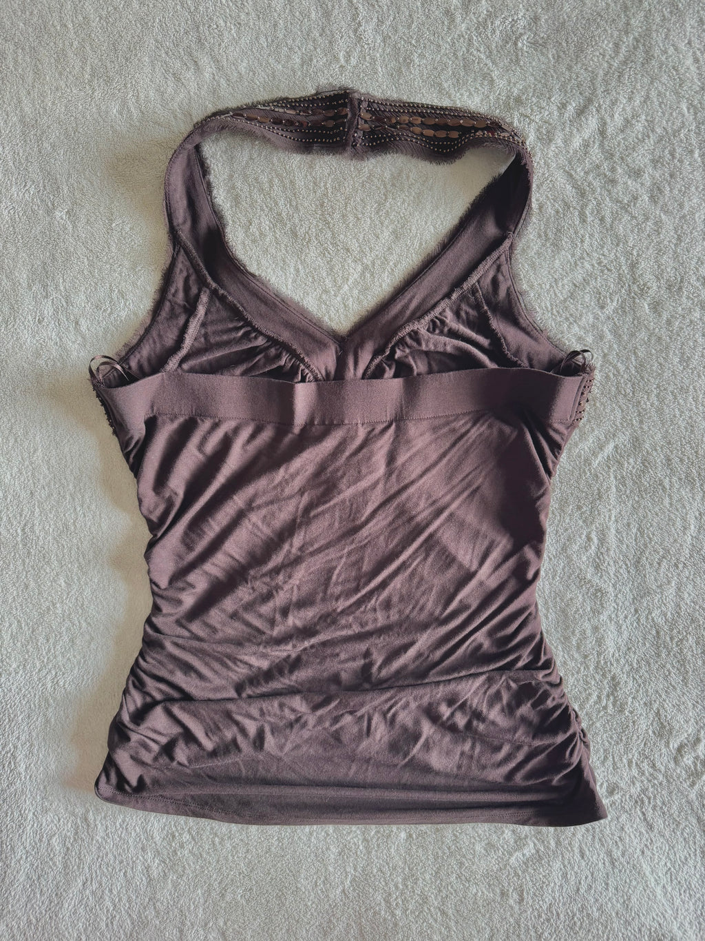 y2k vintage chocolate brown ruched and fitted low back sequin embellished halter top