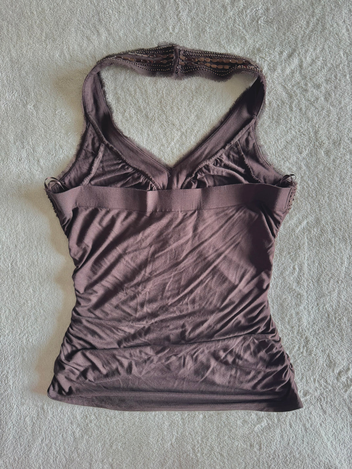 y2k vintage chocolate brown ruched and fitted low back sequin embellished halter top