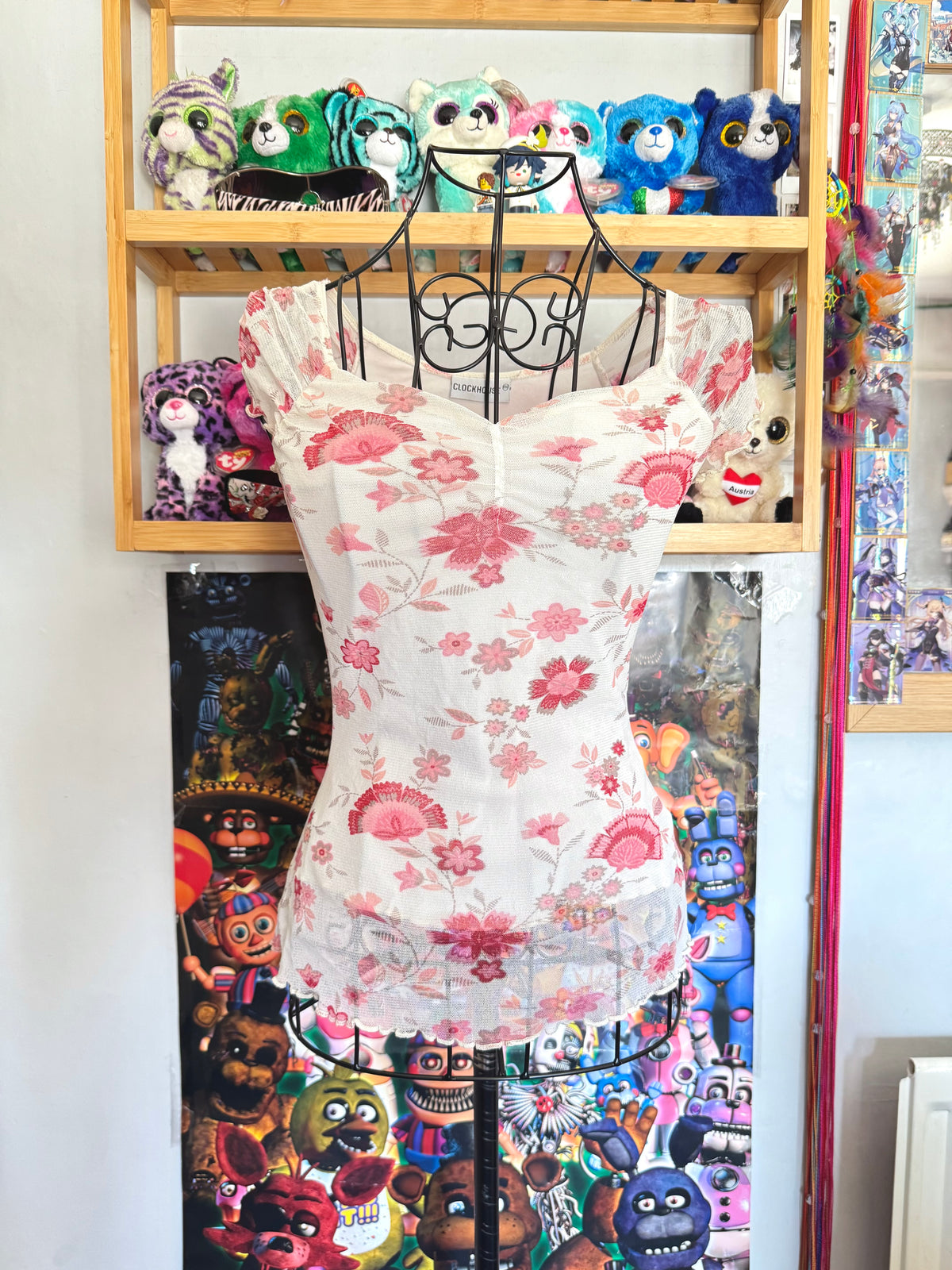 y2k vintage mesh floral print milkmaid style top with lettuce hem coquette