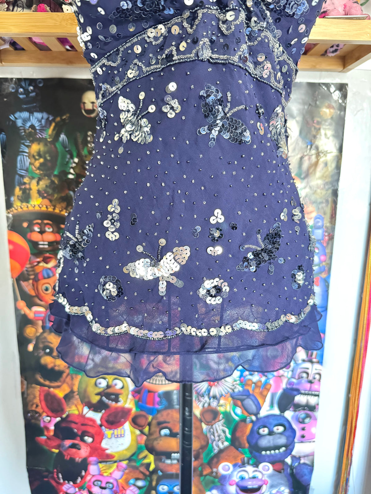 y2k vintage silk royal blue crisscross back fitted slightly cropped cami with butterfly sequins