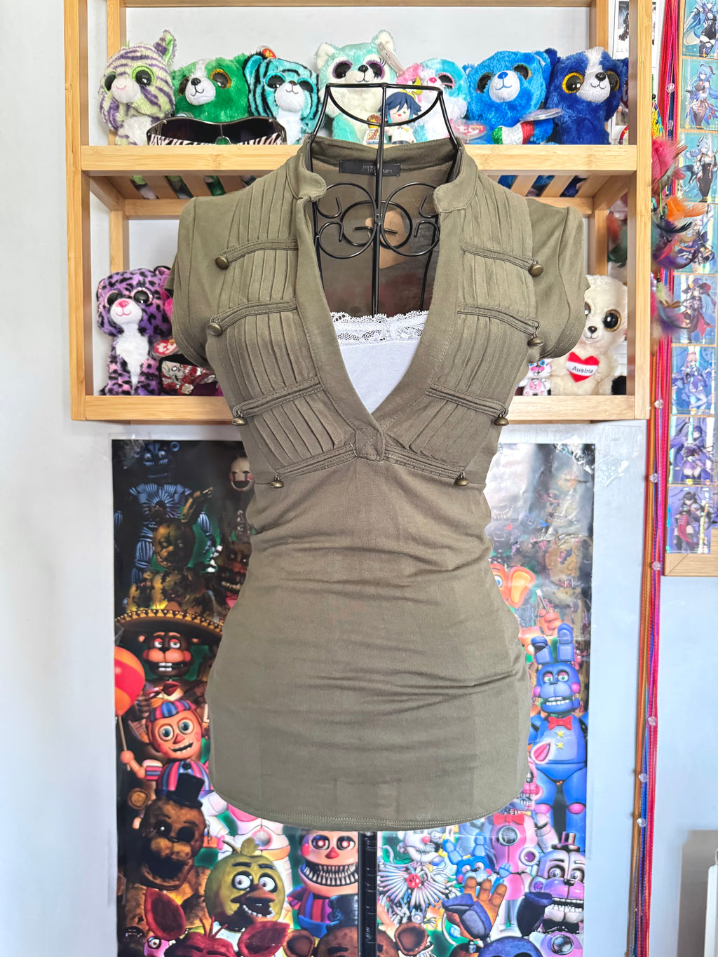 y2k vintage fitted tie back khaki green military inspired top