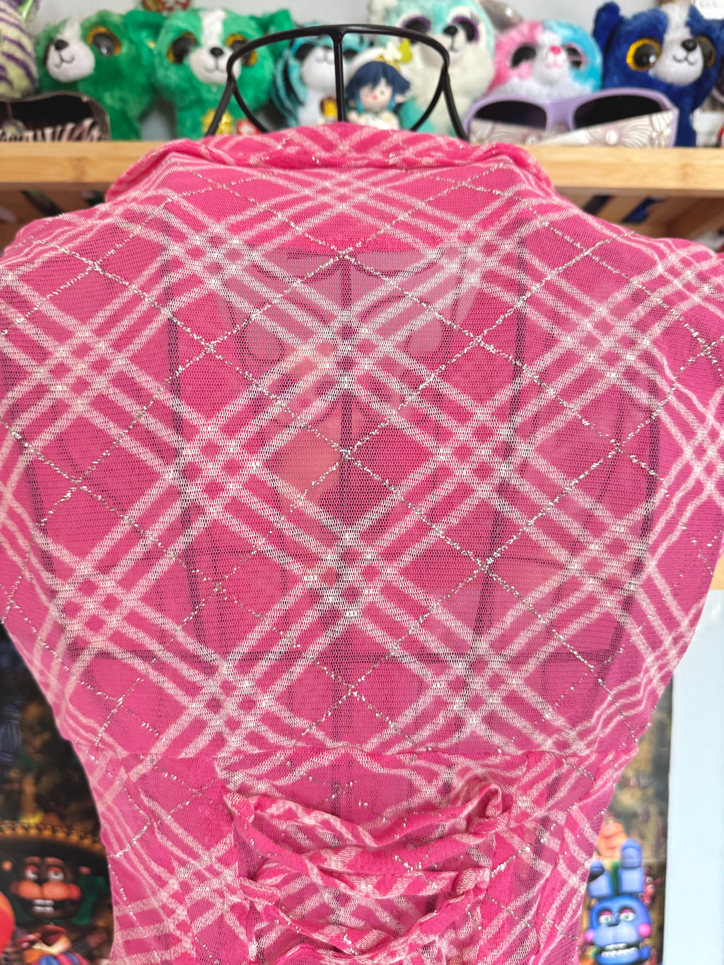 y2k vintage rare hot pink plaid glittery button up sheer blouse with lace up back mcbling