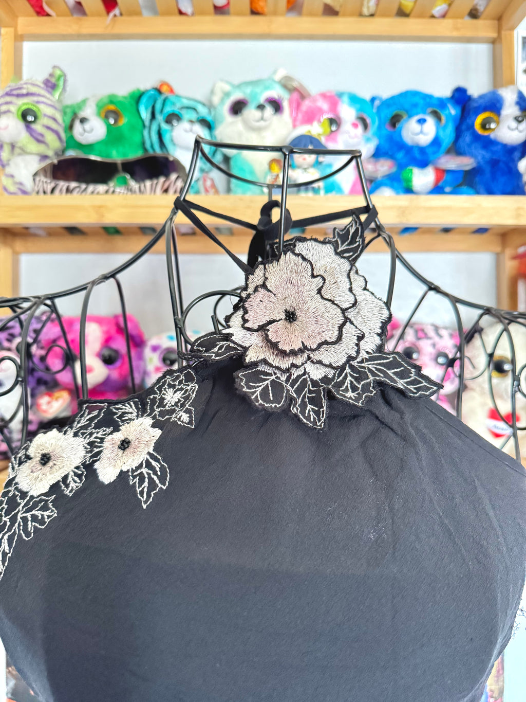 y2k vintage silk black floral embroidered halterneck cami top