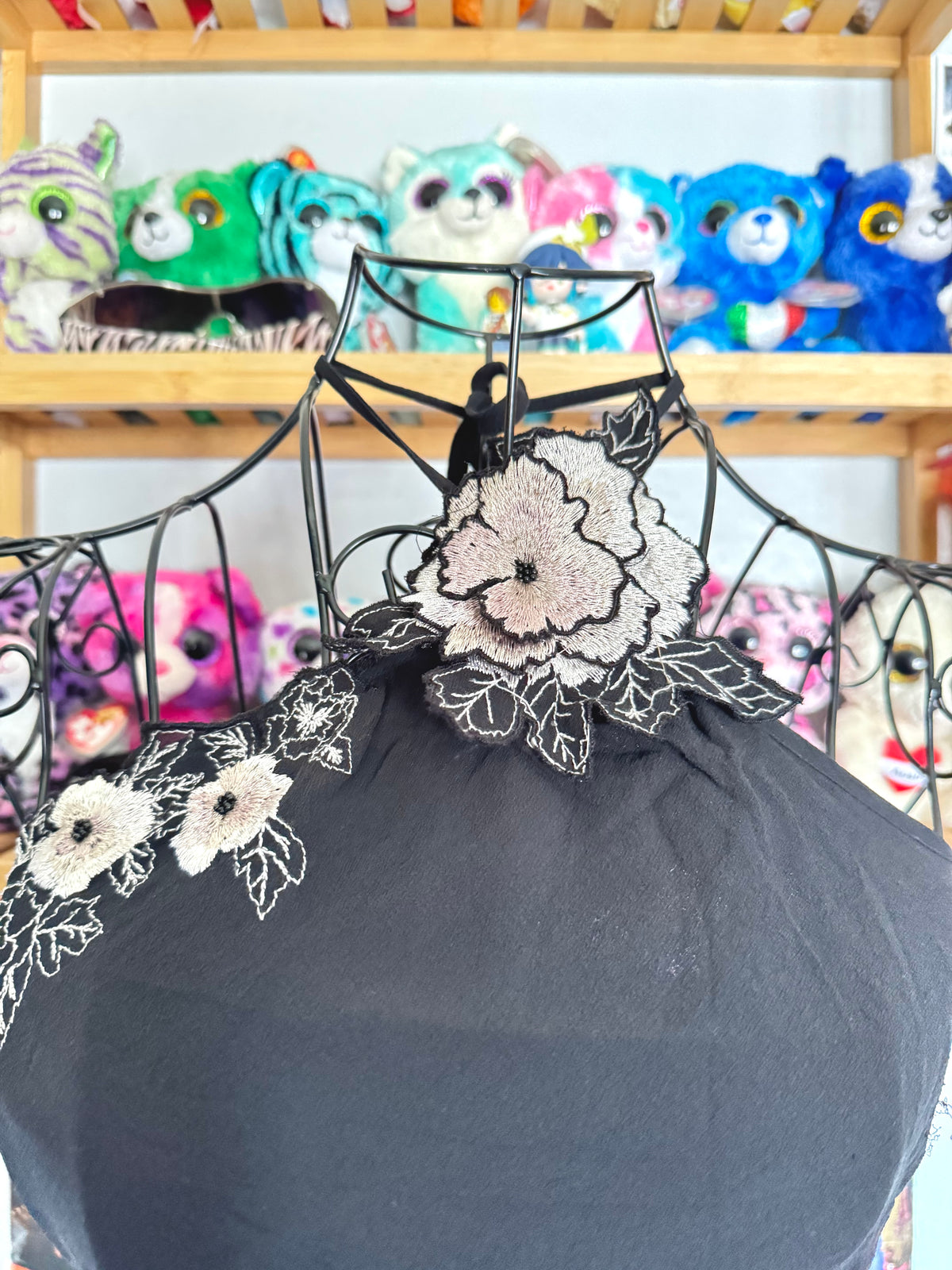 y2k vintage silk black floral embroidered halterneck cami top