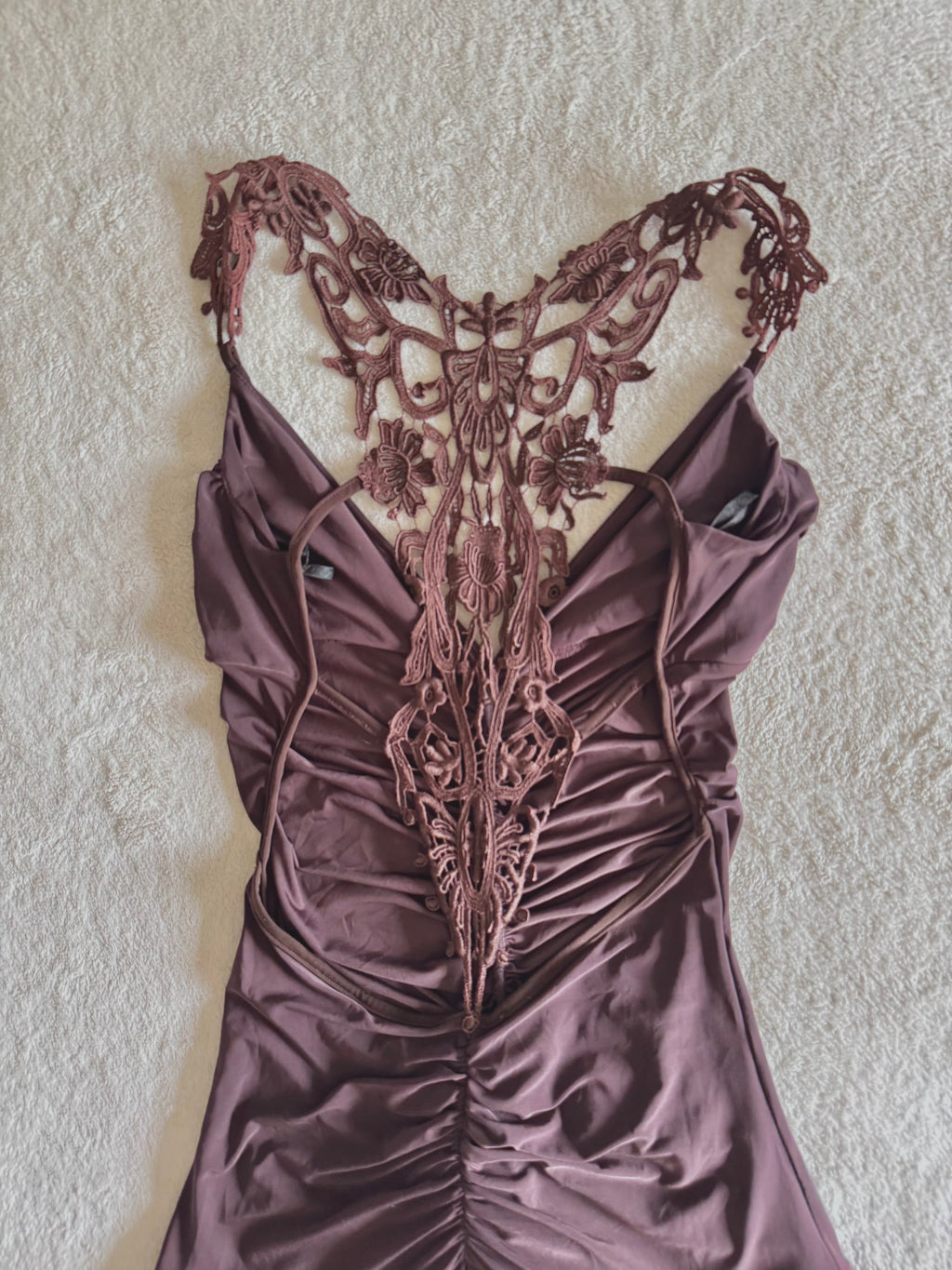 y2k vintage chocolate brown ruched fitted floral lace back fairycore mini dress