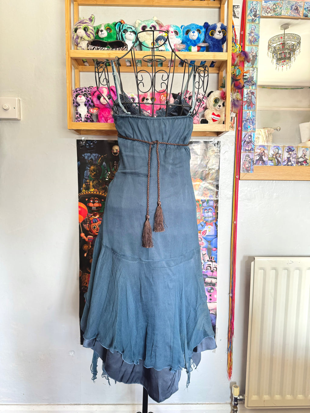 y2k vintage blue silk midi dress with asymmetrical hanky hem and coin tassels
