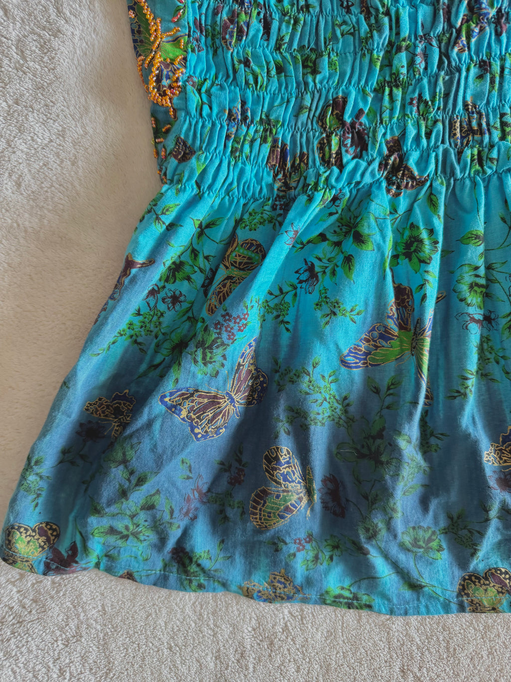y2k vintage aqua and teal blue fitted beaded butterfly halterneck cami top