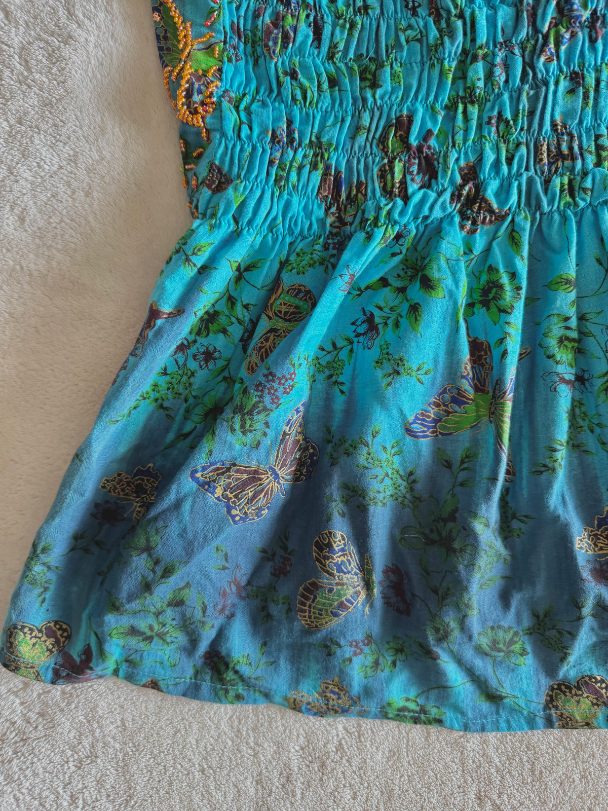 y2k vintage aqua and teal blue fitted beaded butterfly halterneck cami top