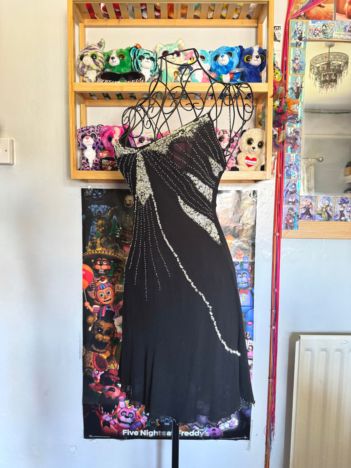 y2k vintage silk black and silver sequin embellished floaty mini dress