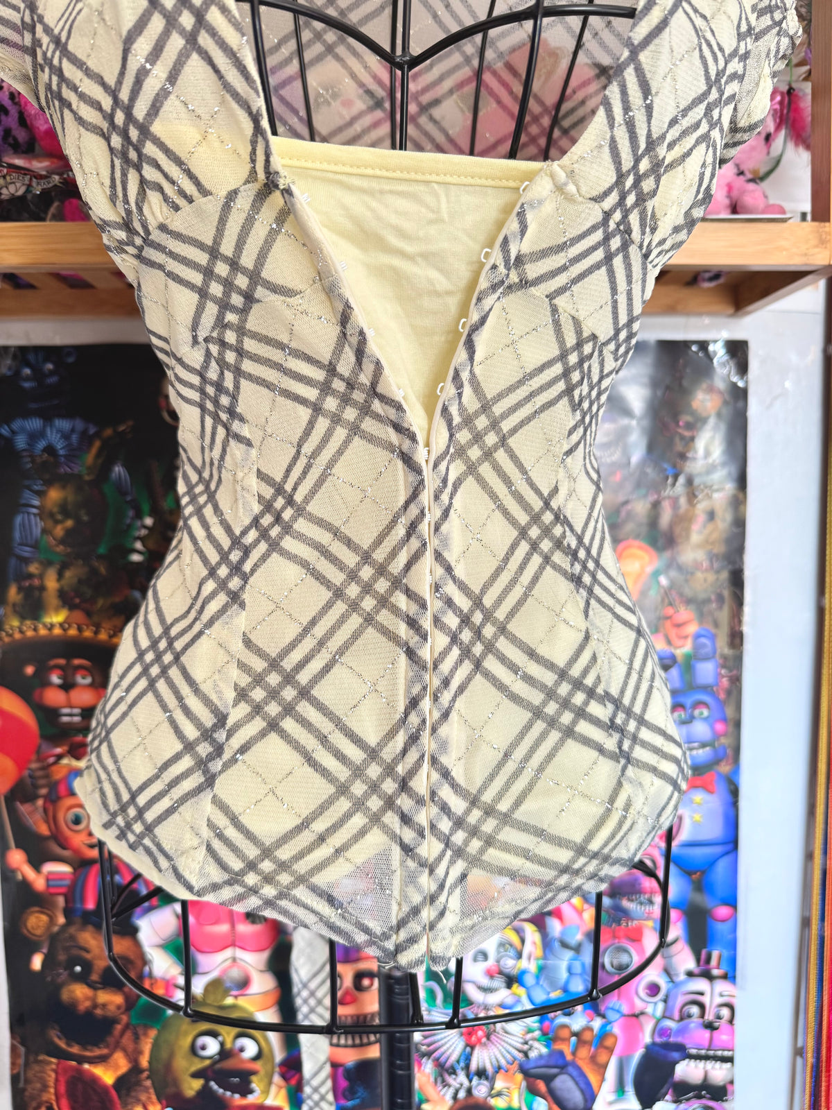 y2k vintage plaid print glittery tie back fitted blouse with built-in cami under