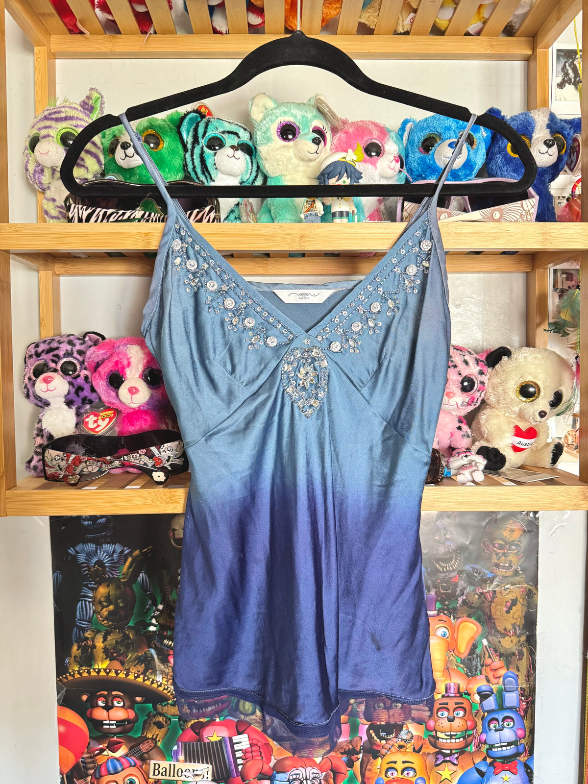 y2k vintage blue ombre effect fitted cami top with jewel embellishments ocean mermaid