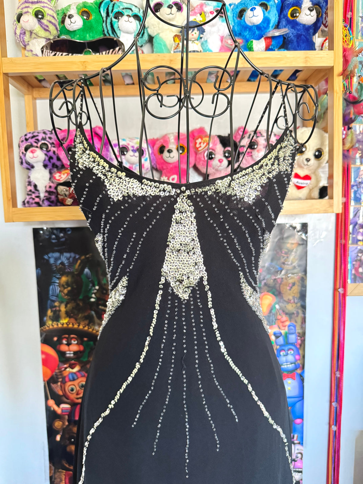 y2k vintage silk black and silver sequin embellished floaty mini dress