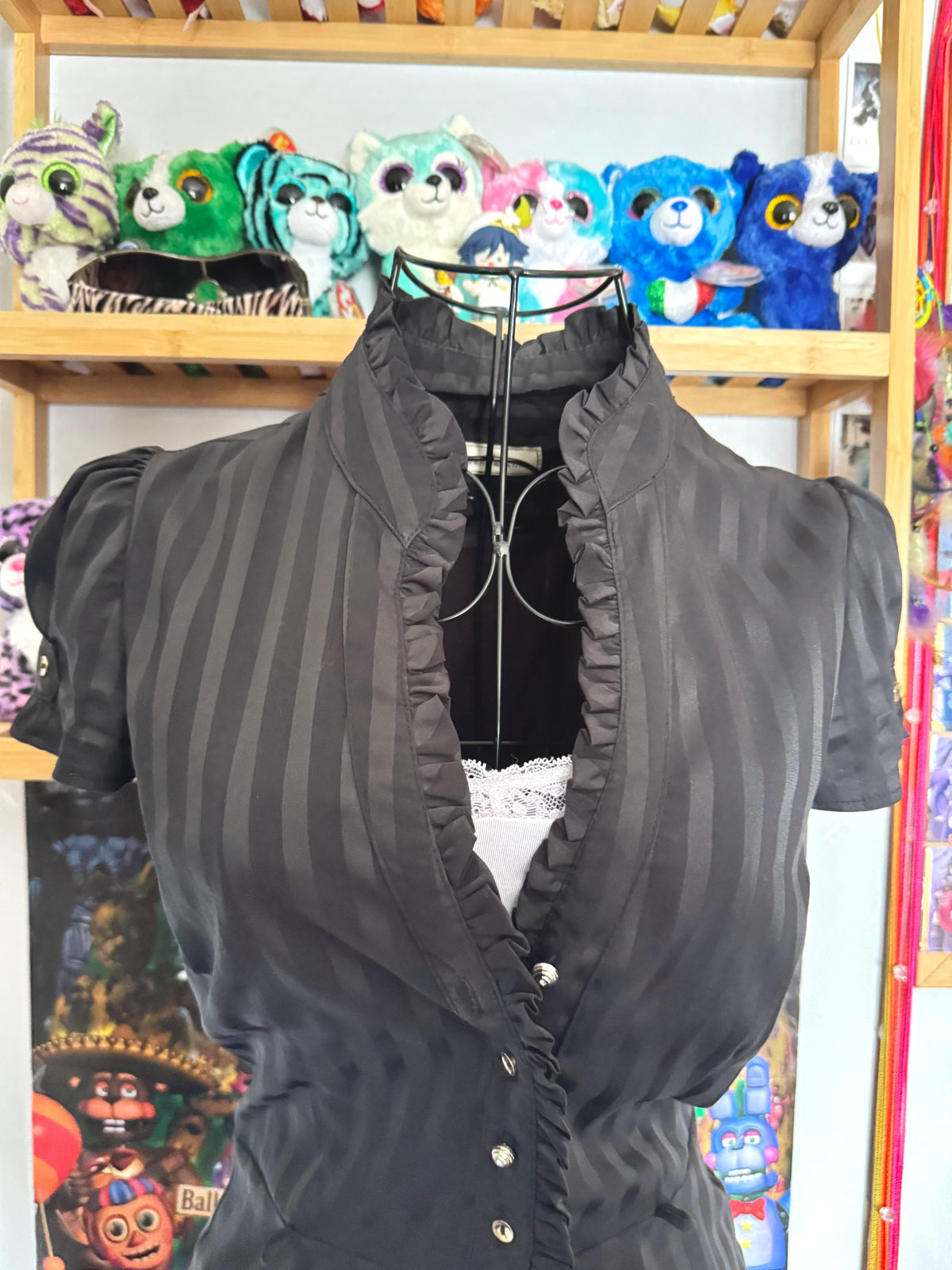 y2k vintage pinstripe fitted button up cap sleeve blouse officecore office siren