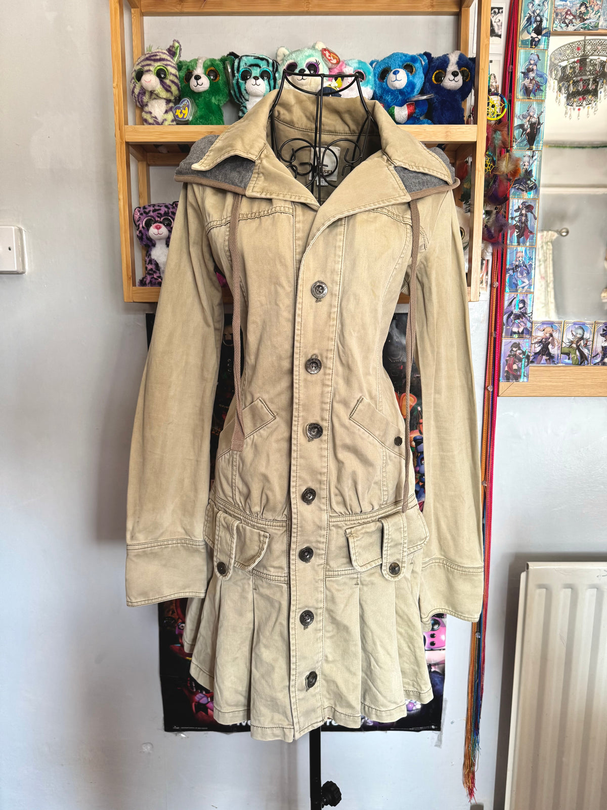 y2k vintage fitted button up archival hooded pleated trench coat archival drawstring