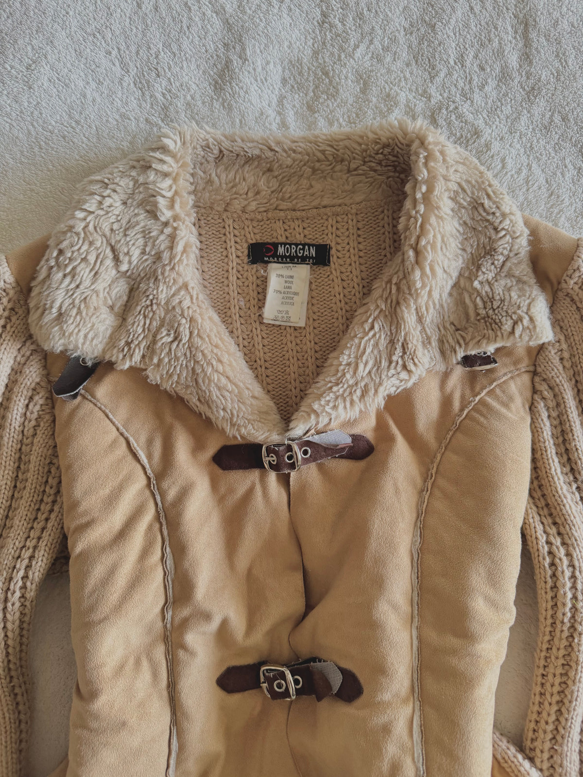 y2k vintage buckle up fitted and cropped jacket with chunky ribbed knit sleeves western boho