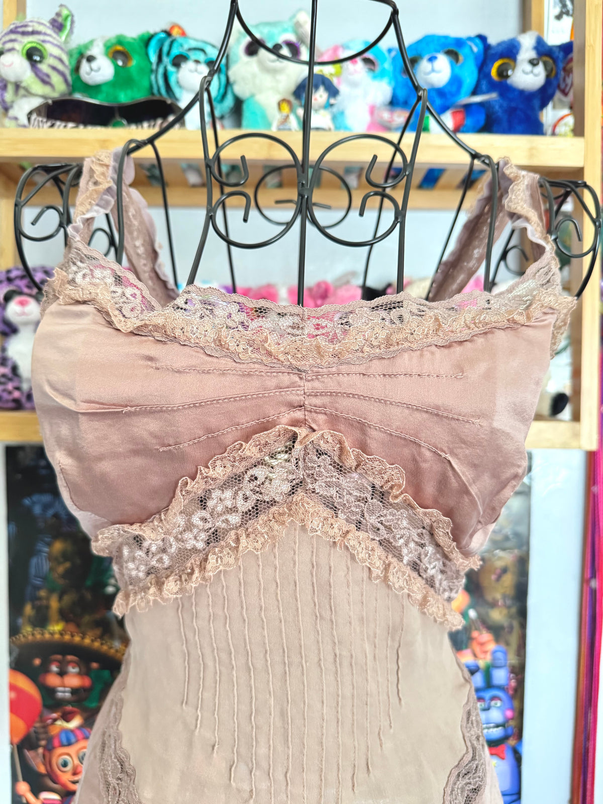 y2k vintage silk dusky pink fitted floral lace trim cami top