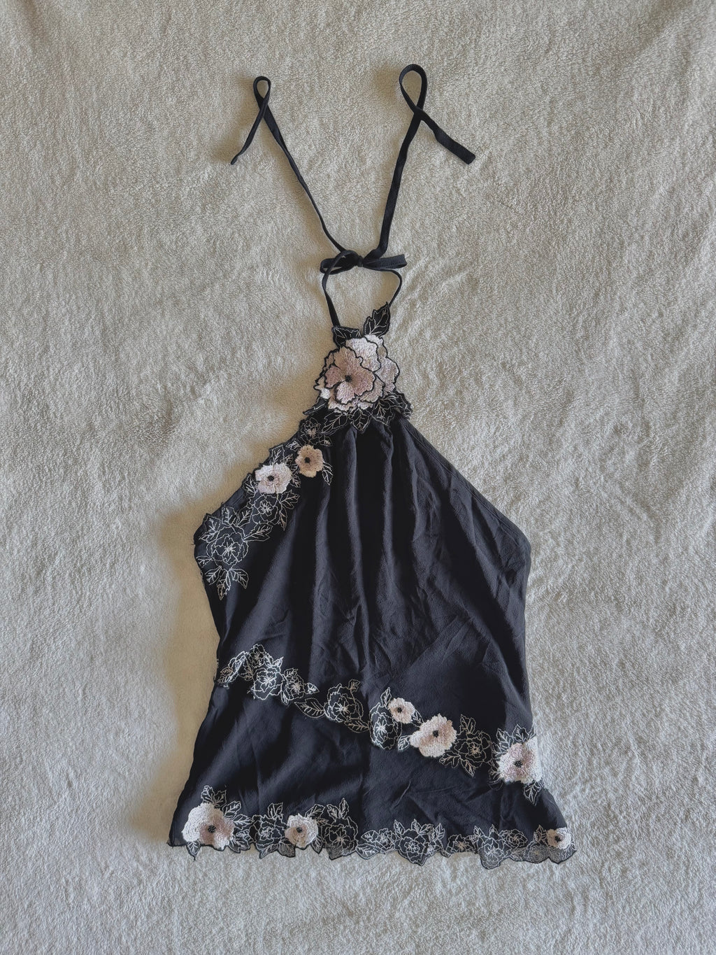 y2k vintage silk black floral embroidered halterneck cami top