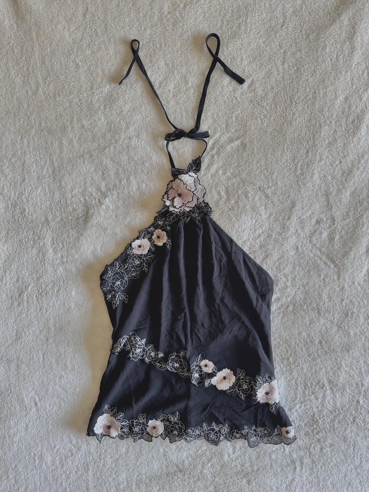 y2k vintage silk black floral embroidered halterneck cami top